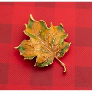 Vintage Mid Century Orange Green Maple Leaf Gold Tone Brooch - O22